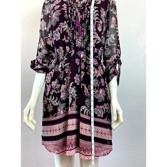 Daniel Rainn Women Floral Sheath Midi Dress Pleated Front Tie Purple Black Small - Picture 3 of 11